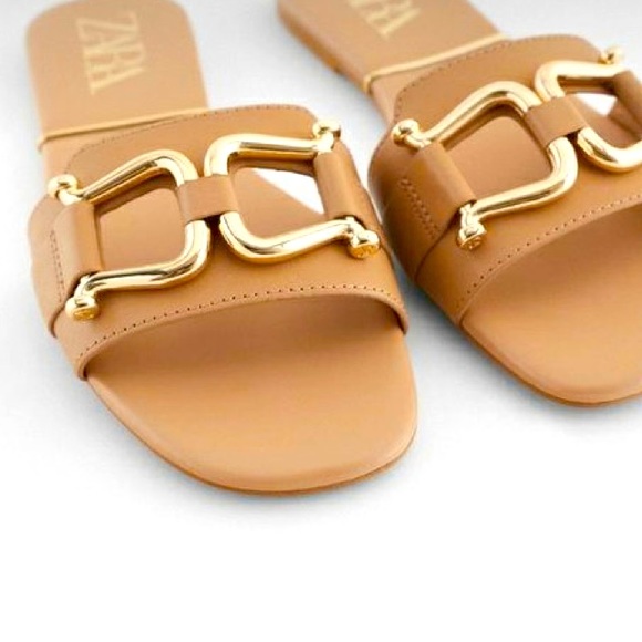 Zara Shoes - ZARA Tan Leather Flat Sandals with Saddle Buckle Size 11